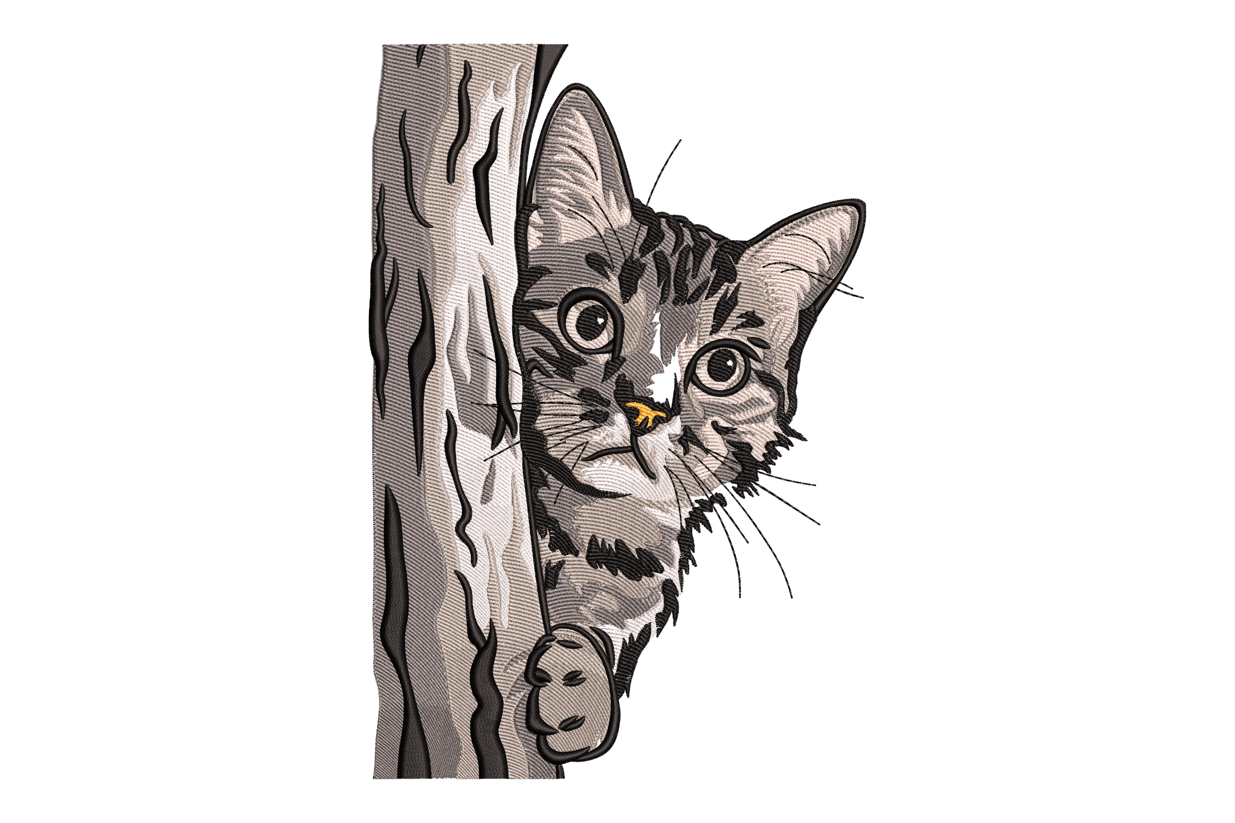 Playful Tabby Peeking from Tree Trunk Embroidery Design