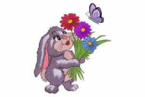 Rabbit Holding Bouquet with Butterfly Embroidery Design
