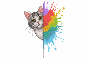 Rainbow Cat Peeking with Color Splash Embroidery Design