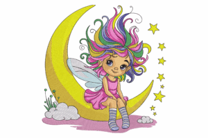 Rainbow-Haired Fairy Sitting on Moon Embroidery Design