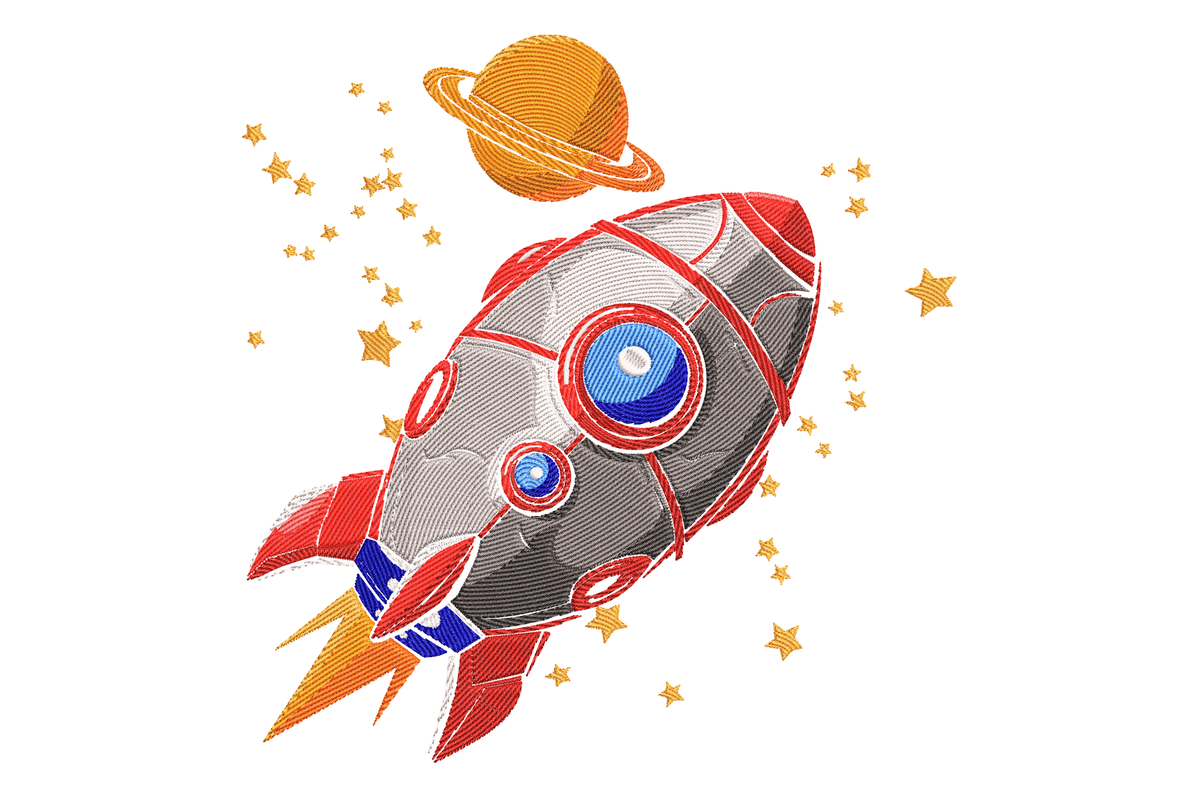 Rocket Spaceship with Saturn and Stars Embroidery Design