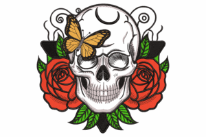 Skull with Butterfly & Roses Embroidery Design