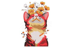 Smiling Cat with Floral Crown Embroidery Design