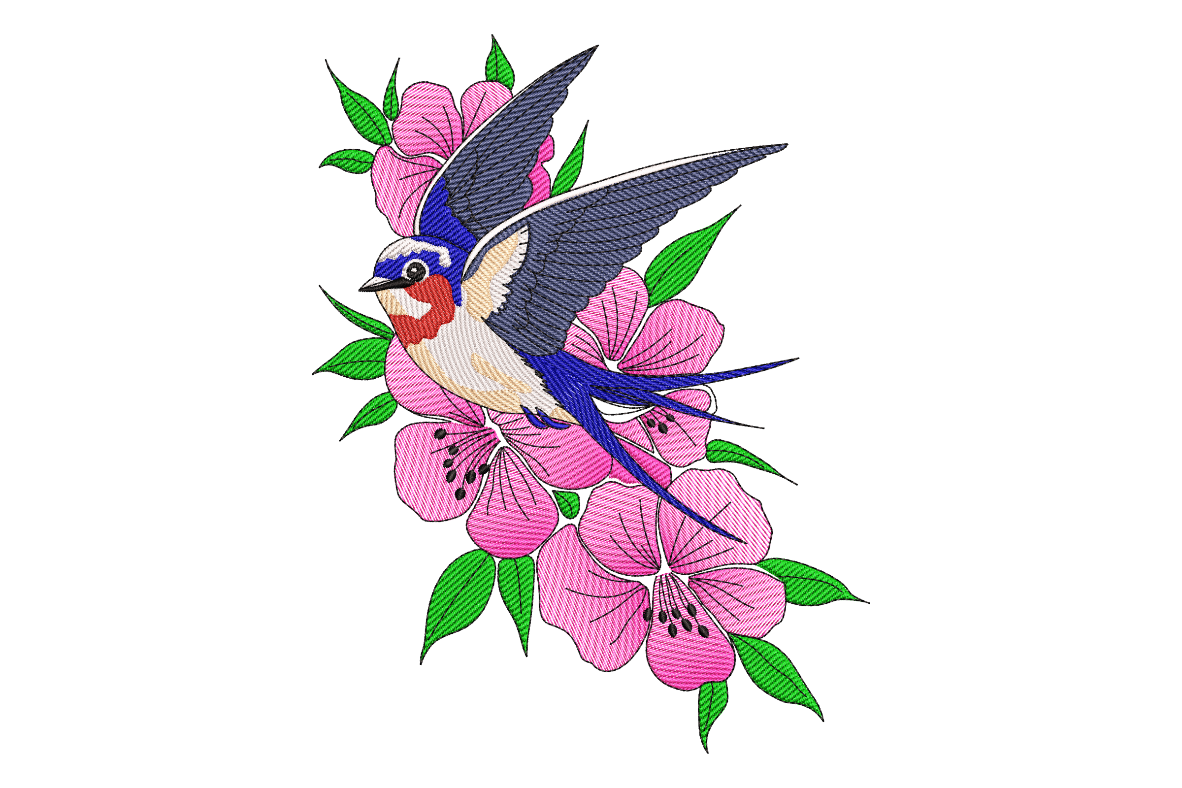 Swallow Bird with Pink Flowers Embroidery Design
