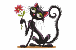 Whimsical Black Cat with Flower Embroidery Design