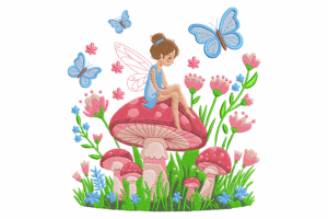Whimsical Fairy on Mushroom Embroidery Design