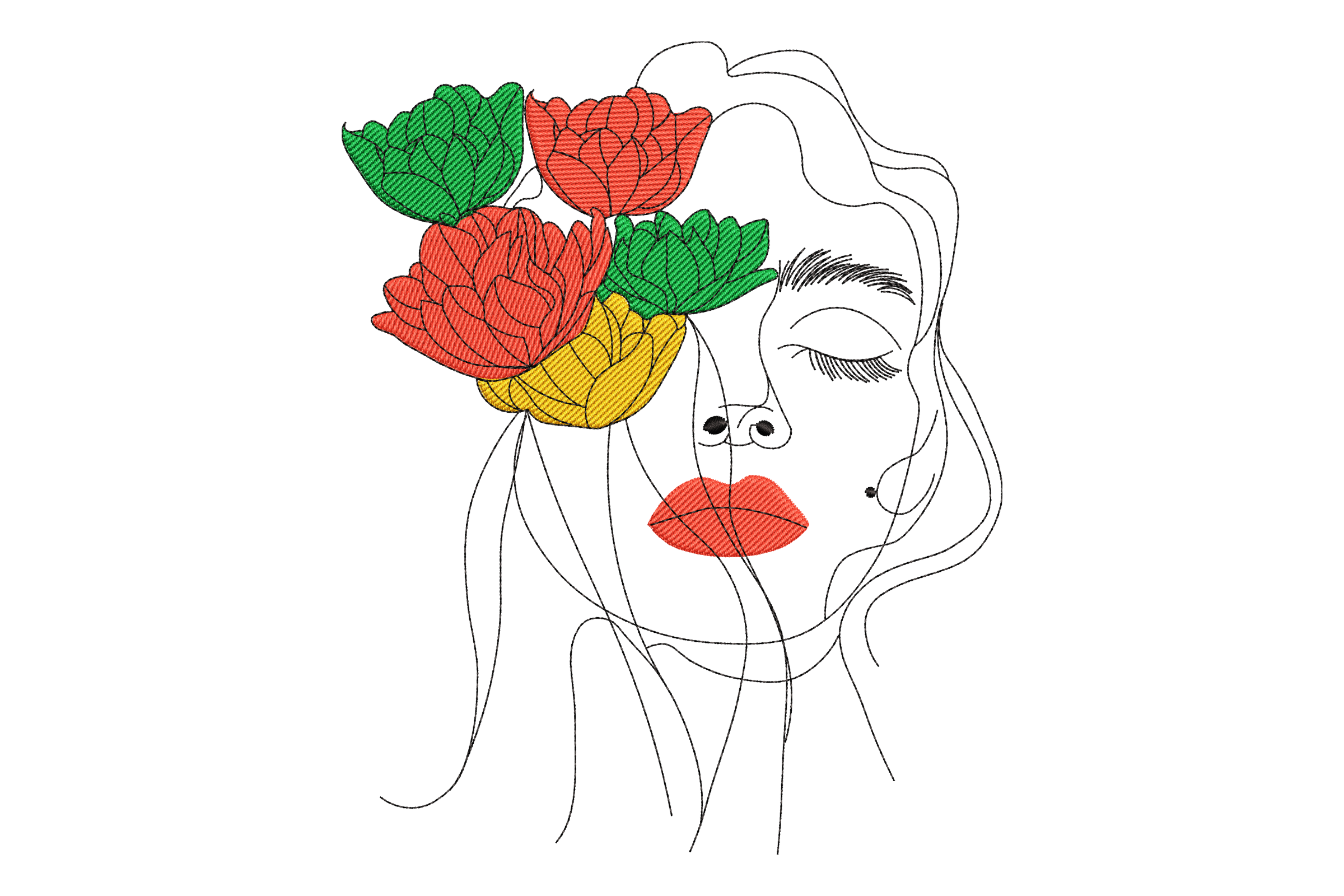 Woman Face with Colorful Flowers Embroidery Design 1 Woman Face with Colorful Flowers Embroidery Design