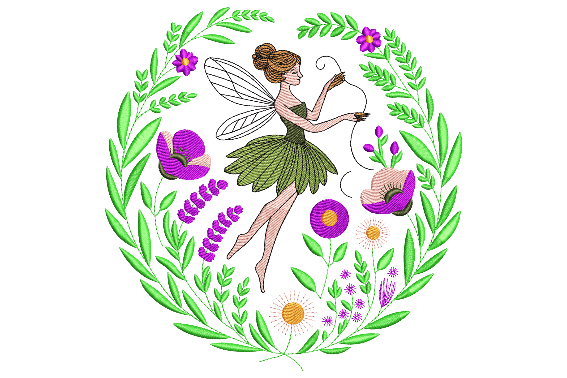 Woodland Fairy in Floral Wreath Embroidery Design