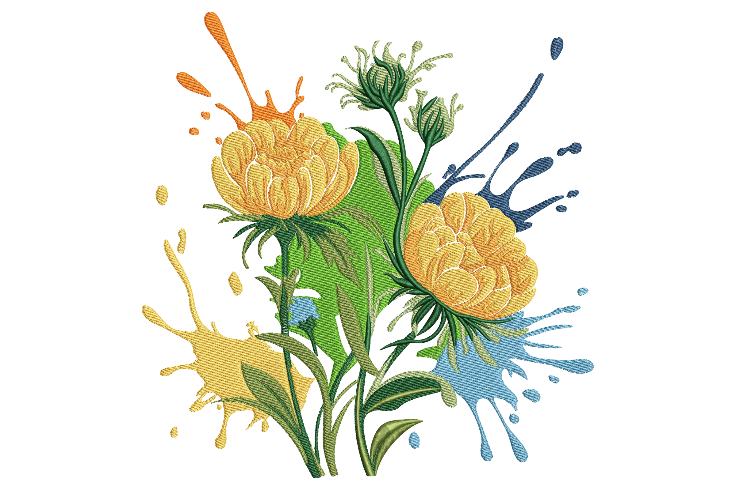 Yellow Peony with Color Splash Embroidery Design