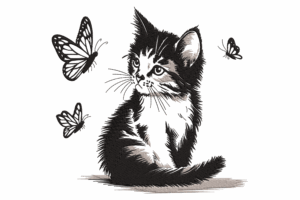 Cute Black & White Cat with Butterflies Embroidery Design