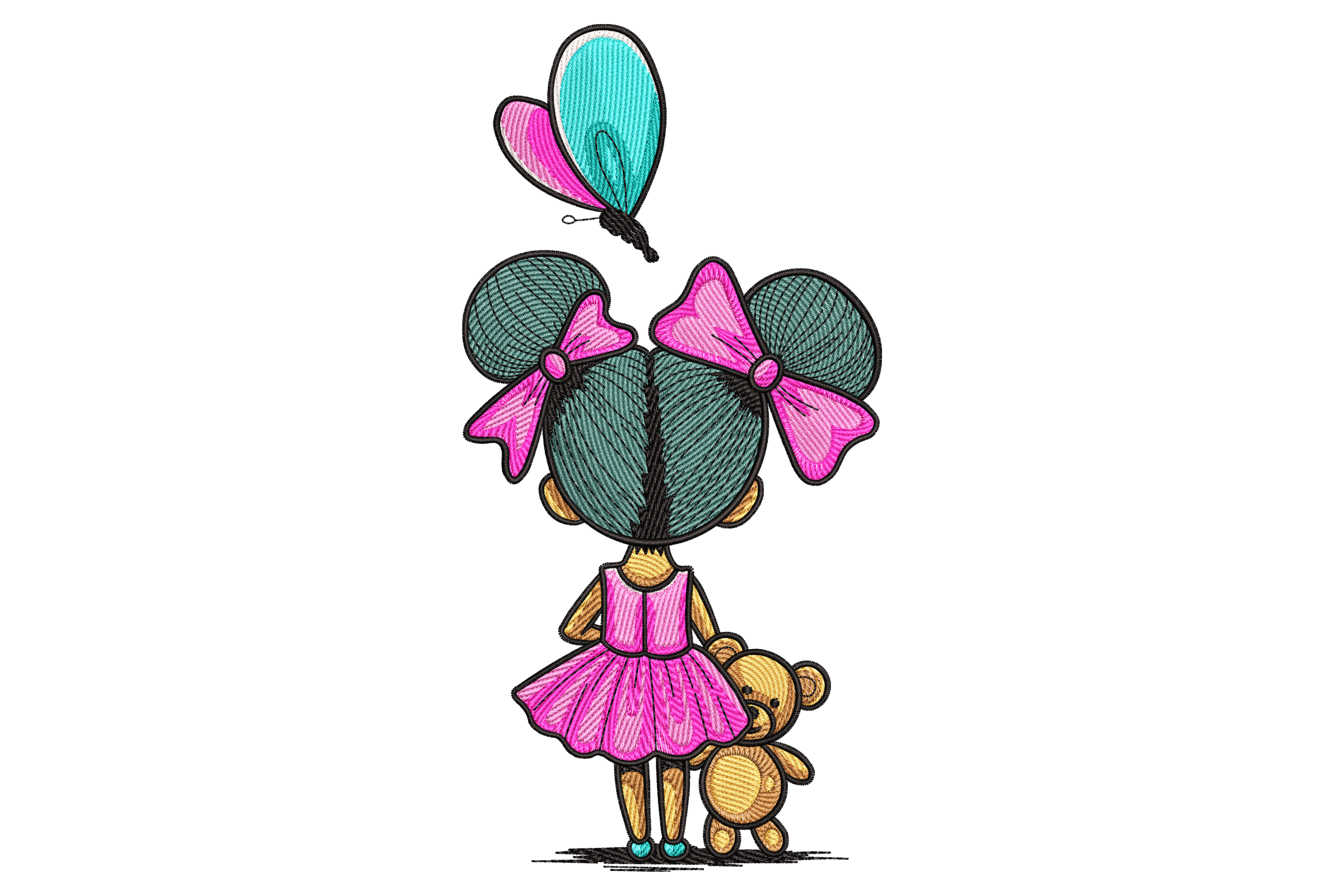 Adorable Girl with Teddy Bear & Butterfly Embroidery Design