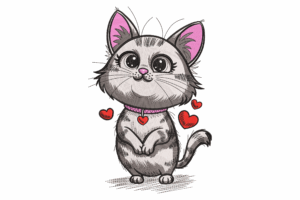 Adorable Kitten with Hearts Embroidery Design