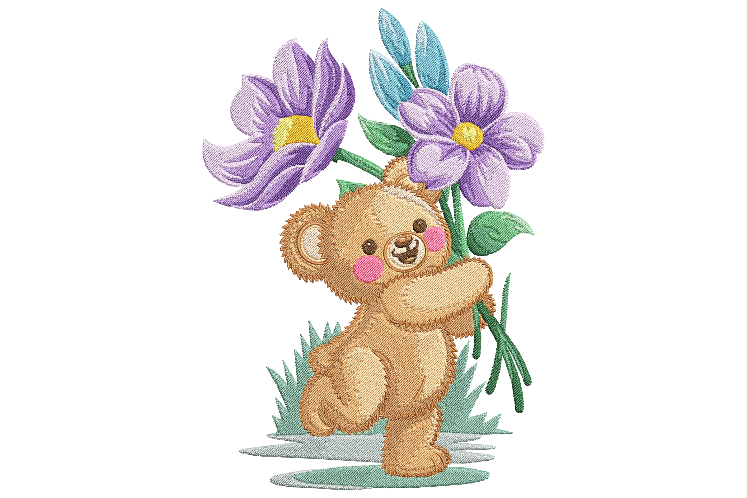 Adorable Teddy Bear with Purple Flowers Embroidery Design