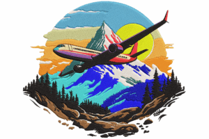 Airplane Over Mountain Landscape Embroidery Design