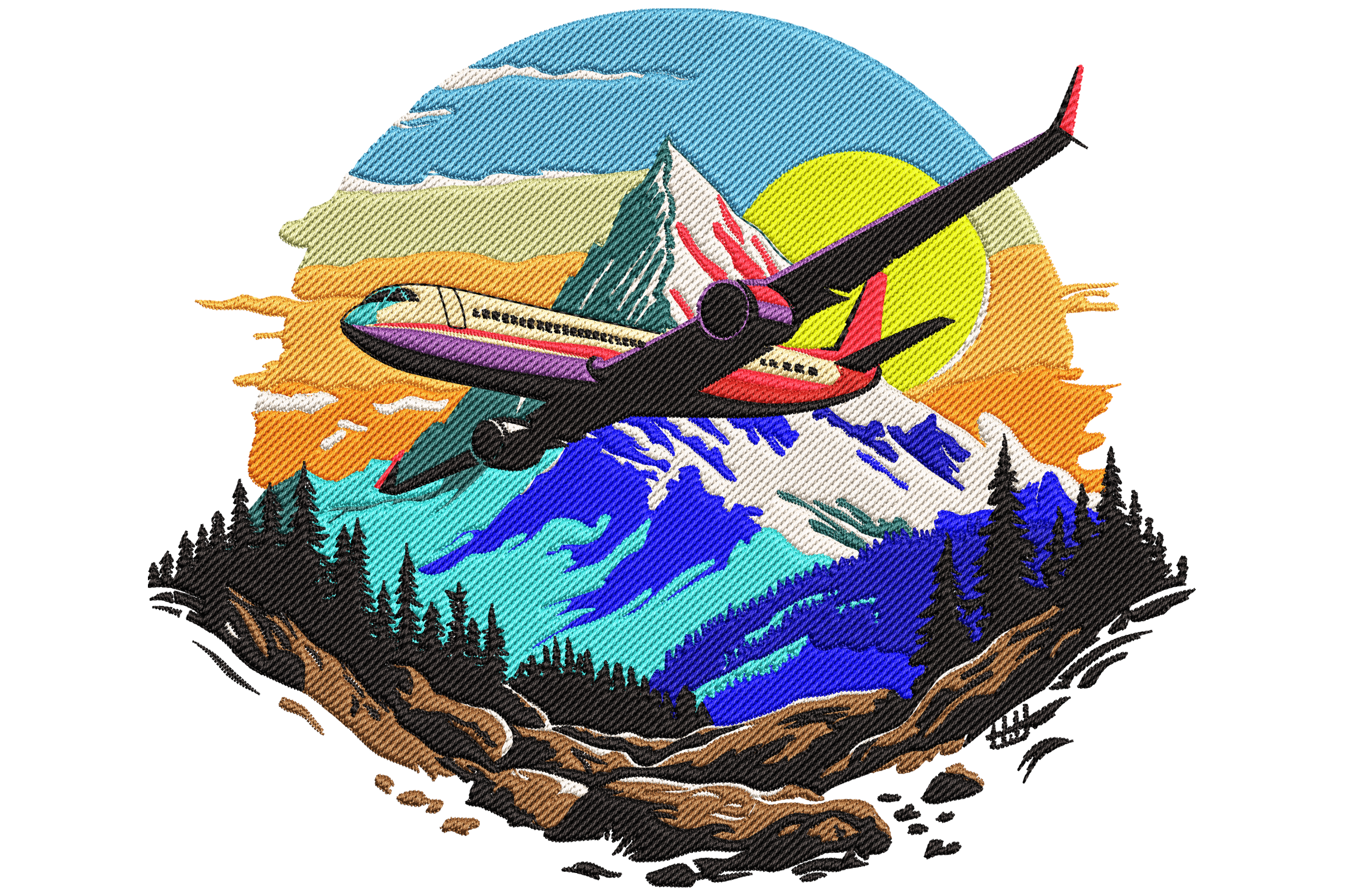 Airplane Over Mountain Landscape Embroidery Design
