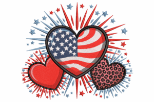 American Flag with Hearts Embroidery Design