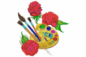 Art Palette with Roses and Brushes Embroidery Design