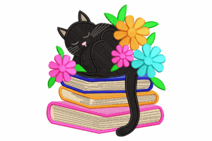 Black Cat Sleeping on Books Embroidery Design