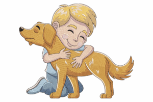 Boy Hugging Golden Dog Embroidery Design