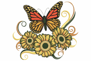 Butterfly and Sunflowers Embroidery Design