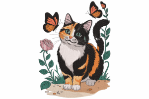 Cat with Butterflies and Flowers Embroidery Design