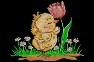Chick Smelling Flower Embroidery Design