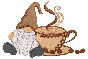 Cozy Gnome with Steaming Coffee Cup Embroidery Design