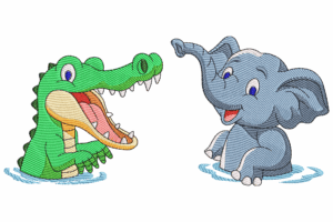 Crocodile and Baby Elephant Embroidery Design