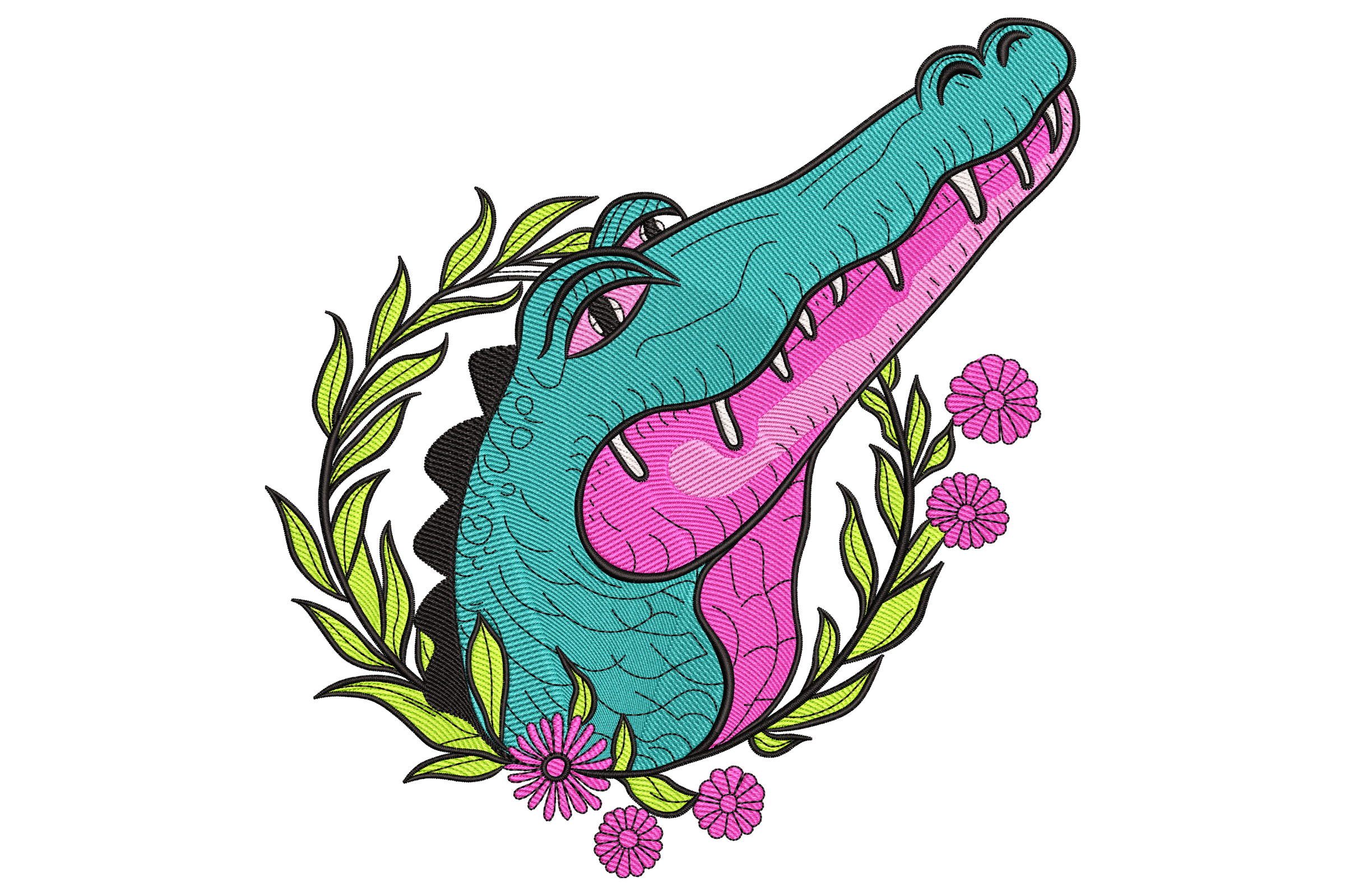 Crocodile with Floral Frame Embroidery Design