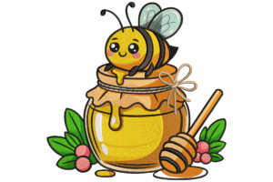 Cute Bee on Honey Jar Embroidery Design