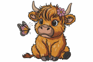 Cute Highland Cow with Butterfly Embroidery Design