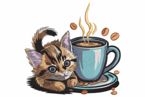 Cute Kitten with Coffee Cup Embroidery Design