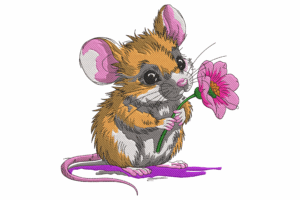 Cute Mouse Holding Flower Embroidery Design