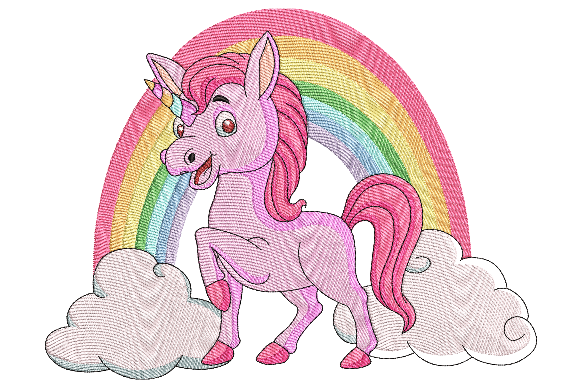 Cute Pink Unicorn with Rainbow Clouds Embroidery Design