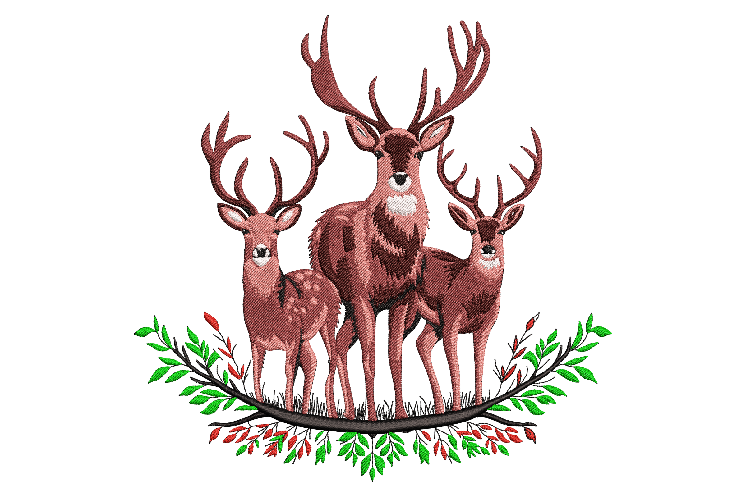 Deer Family with Floral Accents Embroidery Design