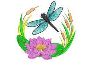 Dragonfly and Lotus Pond Embroidery Design