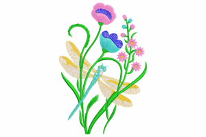 Dragonfly with Flowers Embroidery Design
