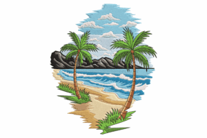 Elegant Tropical Beach Scene Embroidery Design