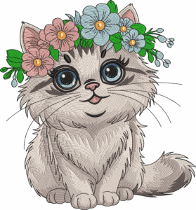 Floral Crown Cute Cat Embroidery Design