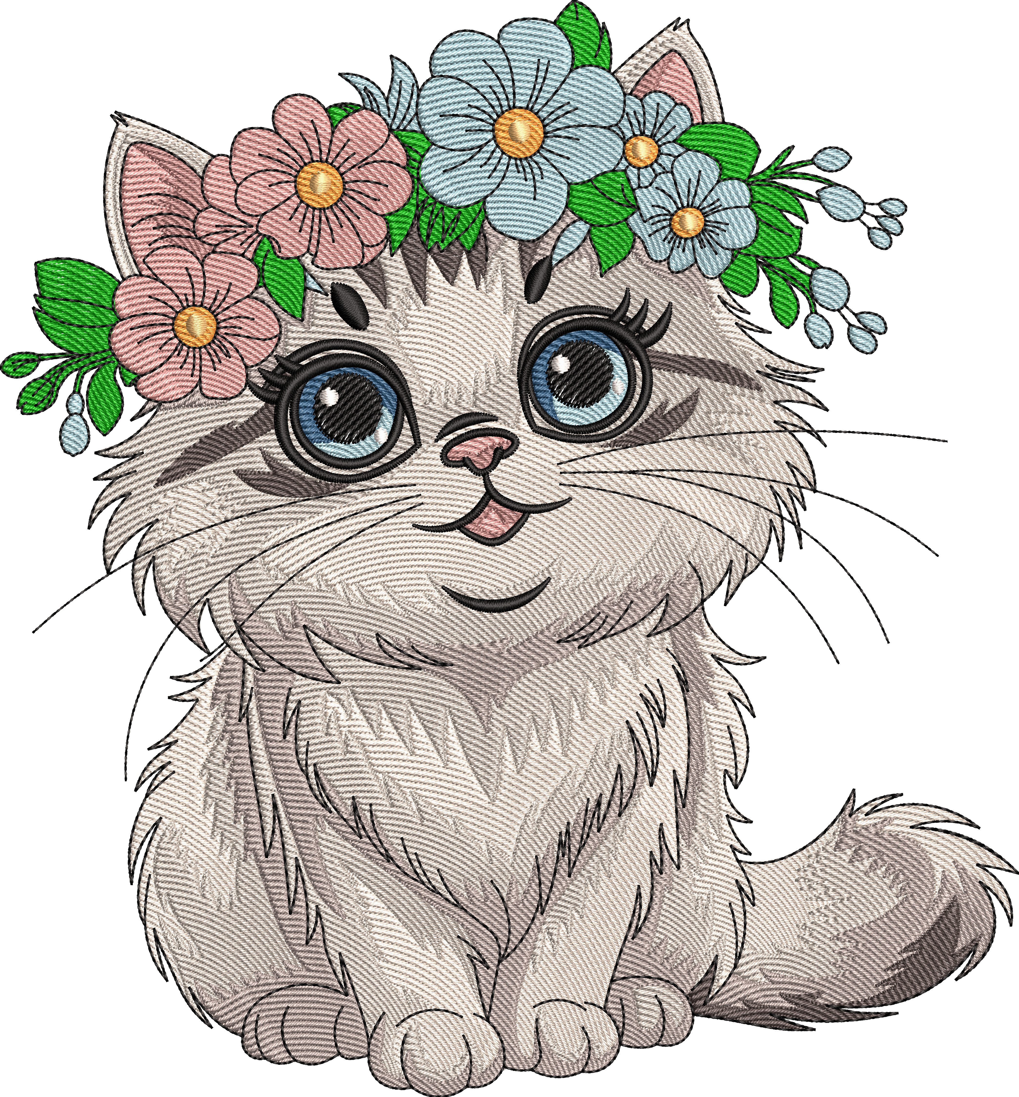 Floral Crown Cute Cat Embroidery Design