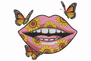 Floral Lips and Butterflies Embroidery Design
