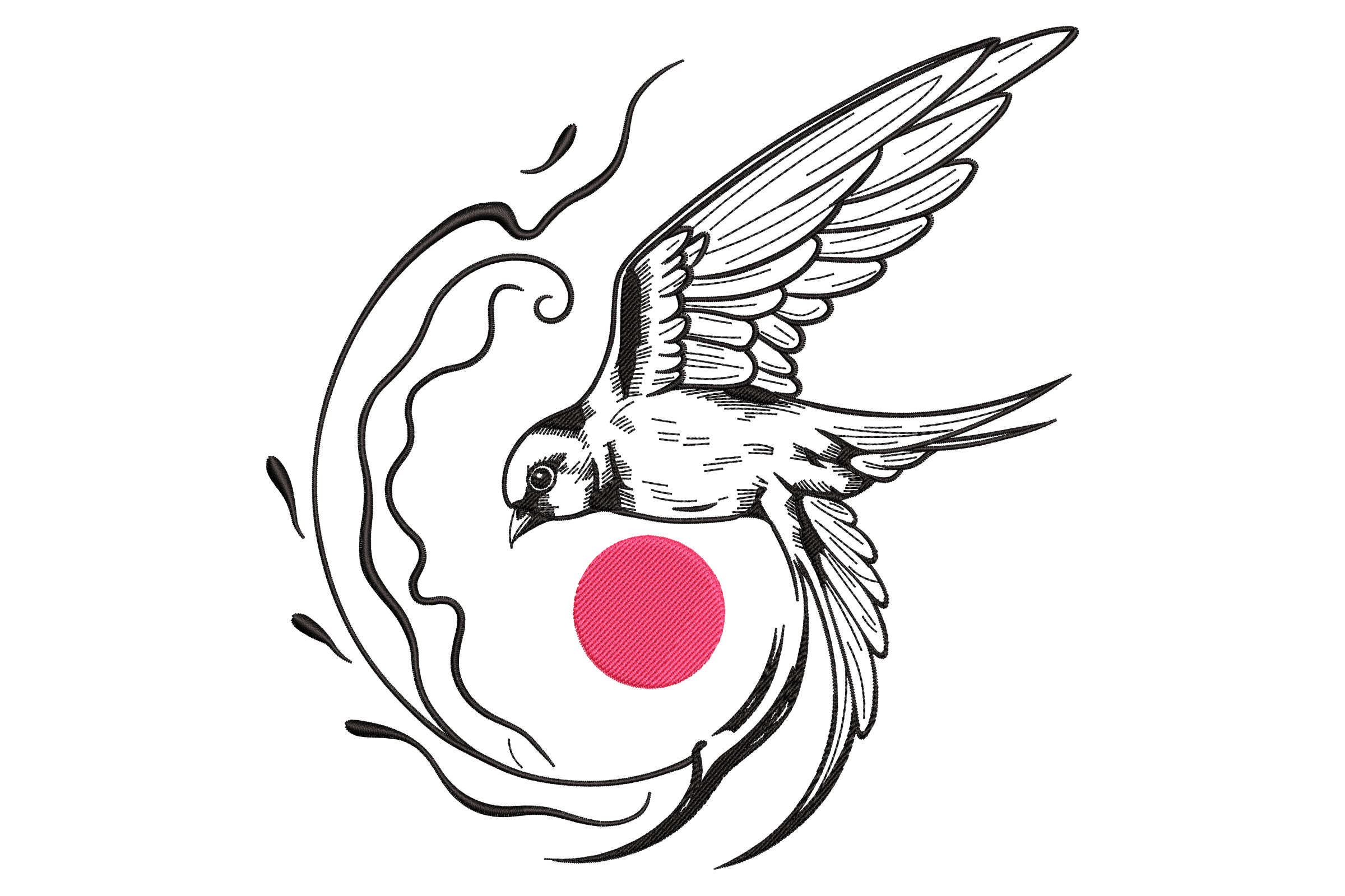 Flying Swallow with Rising Sun Embroidery Design