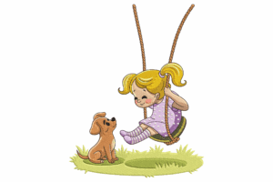 Girl on Swing with Puppy Embroidery Design