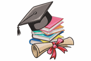 Graduation Cap with Books & Diploma Embroidery Design