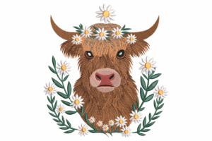Highland Cow with Daisy Crown Embroidery Design