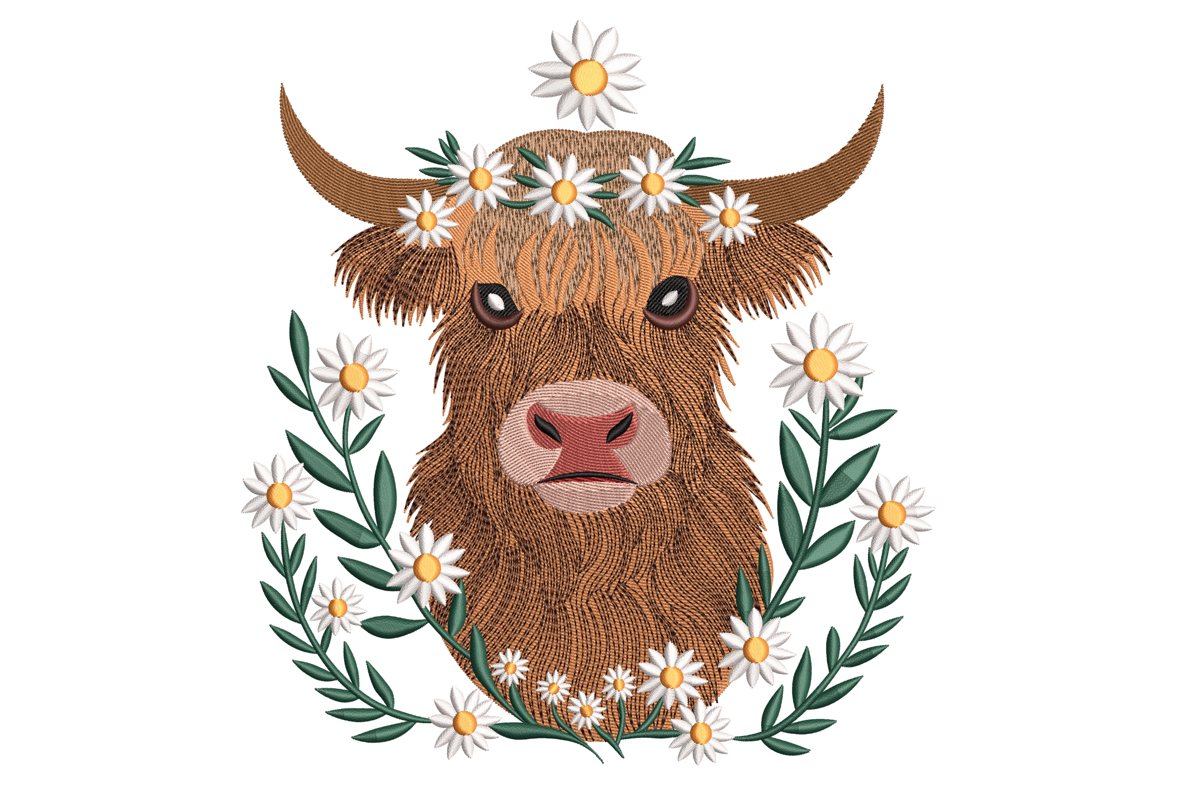 Highland Cow with Daisy Crown Embroidery Design