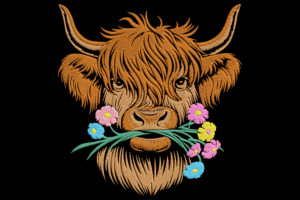 Highland Cow with Flowers Embroidery Design