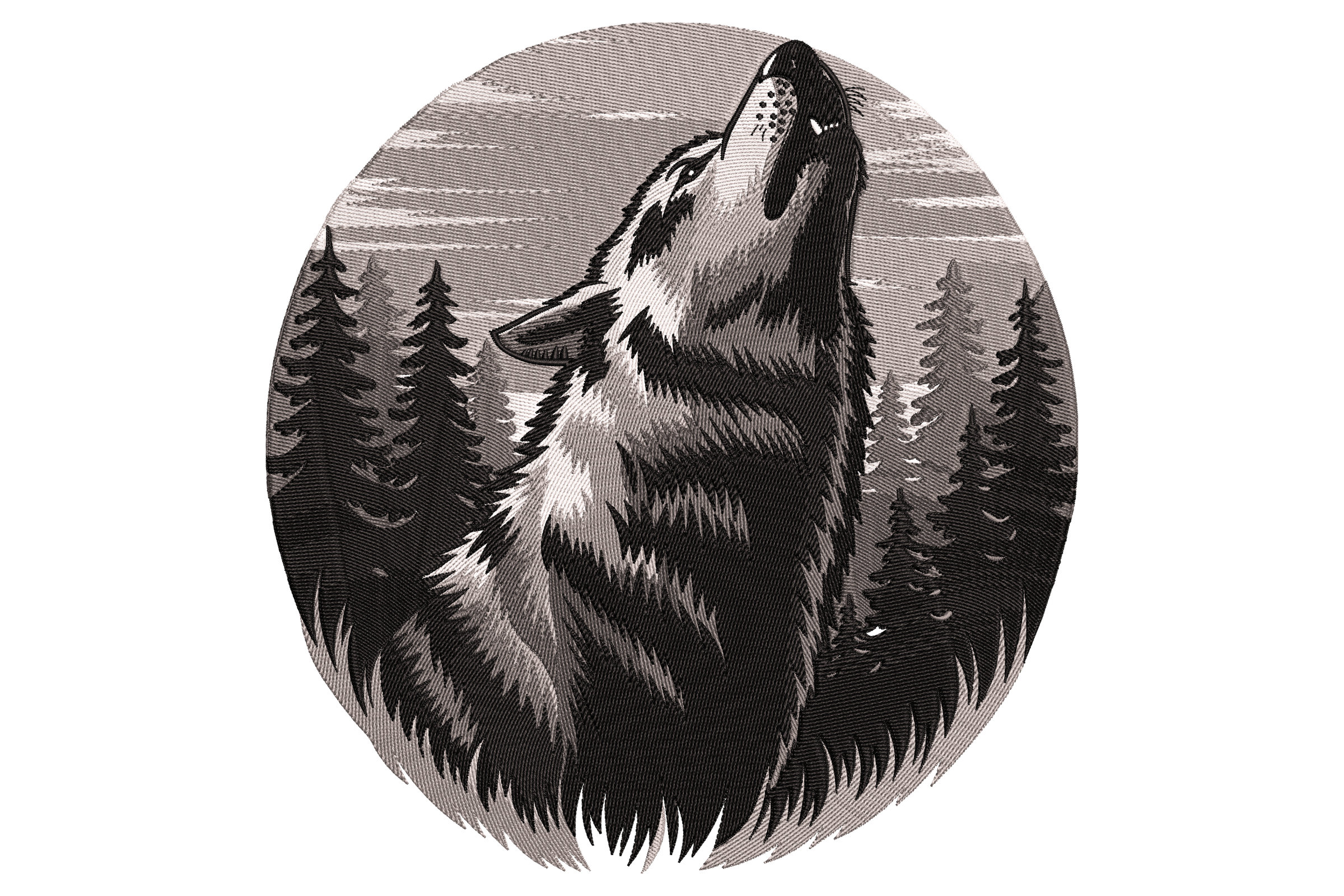 Howling Wolf in Forest Embroidery Design