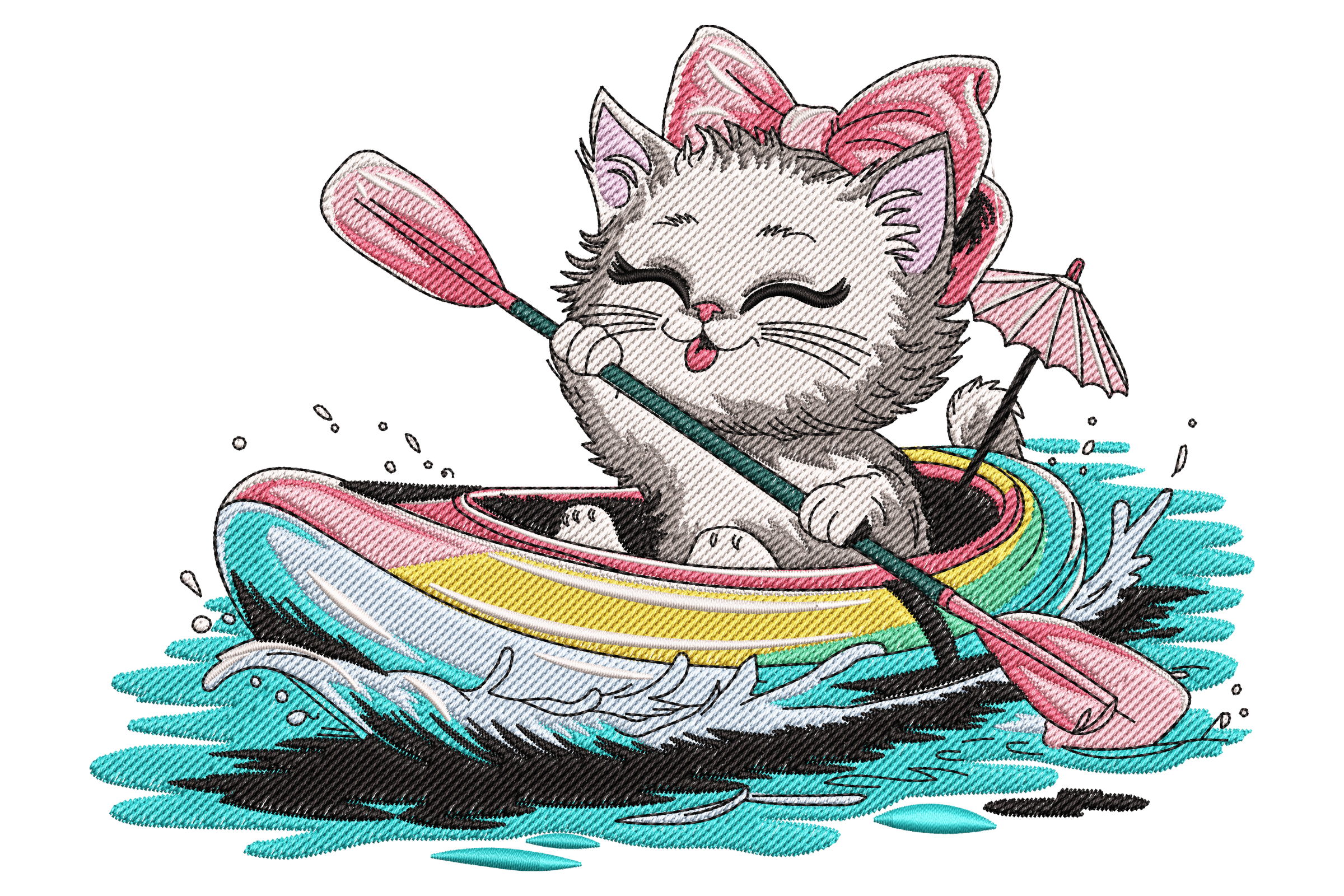 Kayaking Kitten Embroidery Design