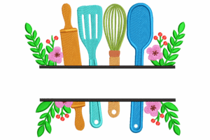 Kitchen Utensils with Floral Frame Embroidery Design
